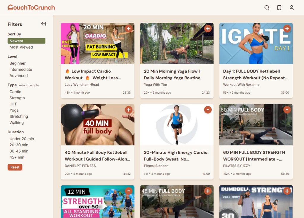 Home page screenshot of Couch to Crunch